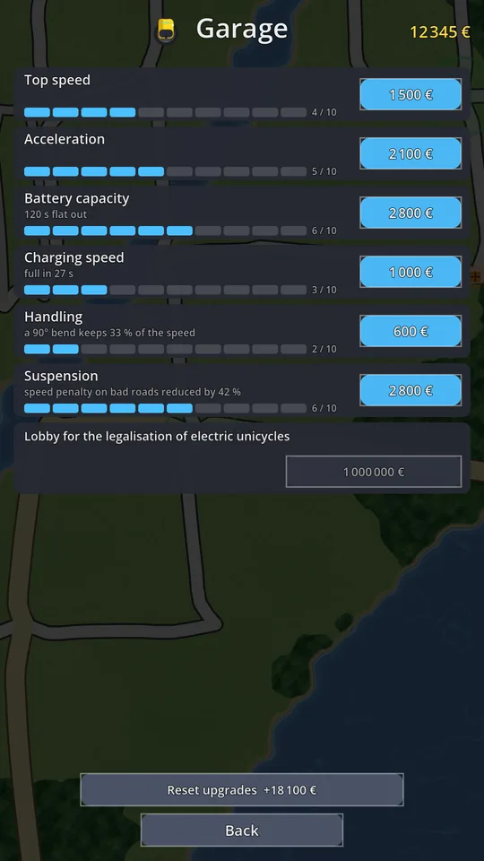 The garage: six wheel stats with ten upgrade levels each, and the law for a million