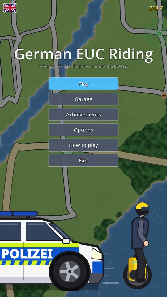 German EUC Riding main menu: the rider on a yellow monowheel over a map of a river town