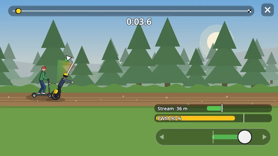 An off-road race seen from the side: the rider on an electric unicycle beside an e-scooter racer on a forest track, spruces and hills behind