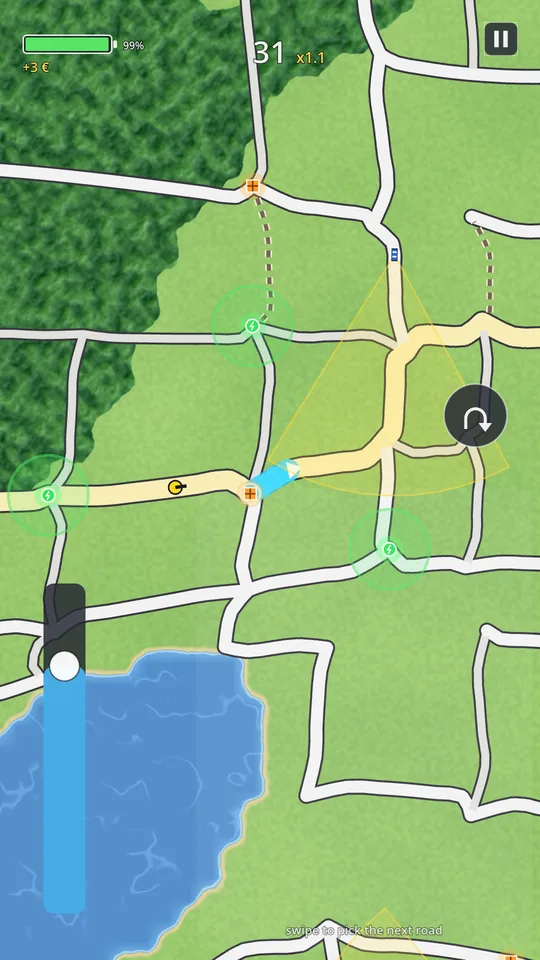 Riding through a town: a patrol car's yellow vision cone, a green charging station and a parcel